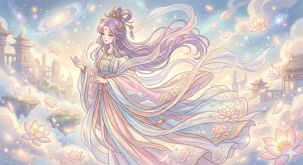 Anime goddess in flowing pastel hanfu among lotus blossoms and stars — hanfu fantasy wall art