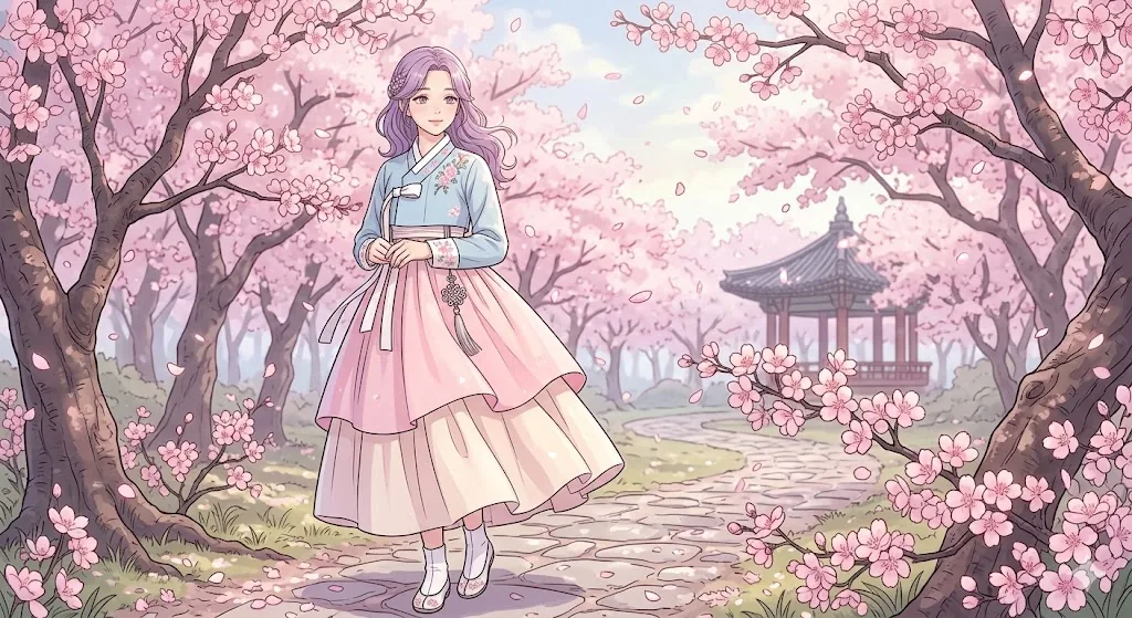 Girl in pastel hanbok on a cherry-blossom path by a Korean pavilion — hanbok spring anime art print