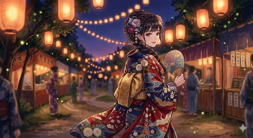 Woman in floral kimono holding a fan at a lantern-lit Japanese festival — matsuri anime wall art