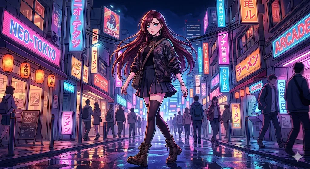 Anime girl in streetwear on a neon-lit Neo-Tokyo street with arcade and ramen signs at night — cyberpunk city wall art