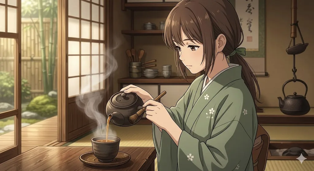 Woman in green kimono pouring tea in a tatami room by a bamboo garden — calm anime wall art