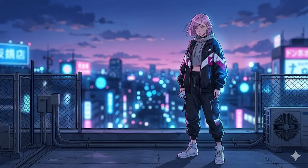 Pink-haired anime girl in streetwear on a neon Tokyo rooftop at dusk — city pop wall art print